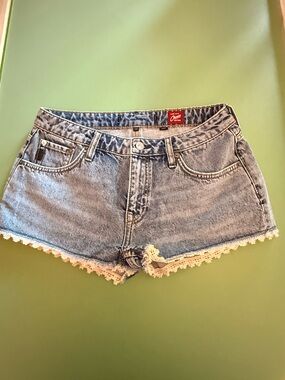 Free People Acid Wash Blue Denim Shorts with Lace Trim